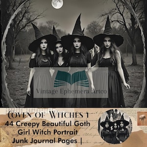 Pages du journal indésirable du Coven of Witches | 44 Belle fille gothique effrayante, portrait de sorcière, kit digi, feuille de collage numérique pour Halloween, imprimable