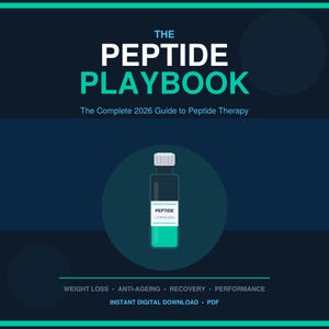 May include: A digital guide titled THE PEPTIDE PLAYBOOK: The Complete 2026 Guide to Peptide Therapy. It features a graphic of a vial with a white label reading PEPTIDE LYOPHILISED, with text below listing WEIGHT LOSS, ANTI-AGEING, RECOVERY, PERFORMANCE.
