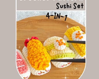 4IN1 Sushi Crochet Pattern Japanese Food Cuisine Amigurumi PDF Avocado Fried Shrimp Sweet Egg Sashimi Tuna Sushi Rice with Kawaii Face