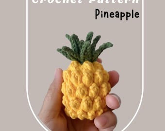Padrão de crochê de abacaxi sem costura, mini kawaii, divertido, comida, fruta, amigurumi, PDF, abacaxi, brinquedo infantil, folha amarela e verde, fácil para iniciantes, chaveiro.