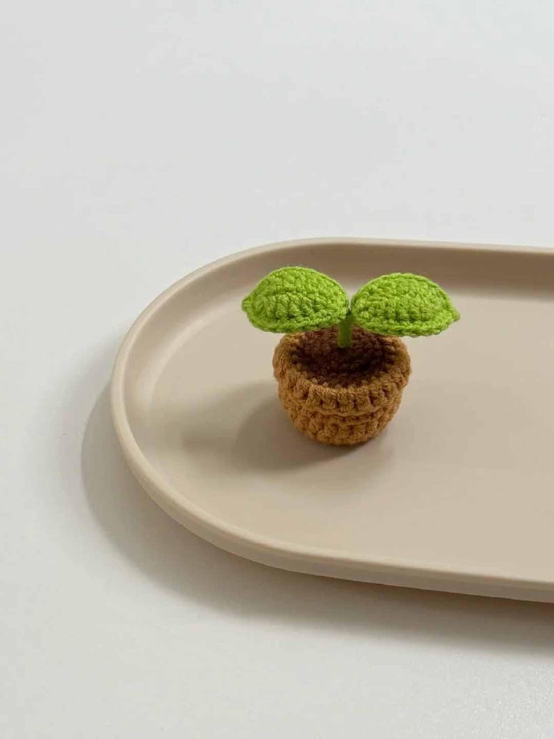 May include: A crocheted plant in a small brown pot with two green leaves. The plant is sitting on a beige oval tray. The plant is a handmade item.
