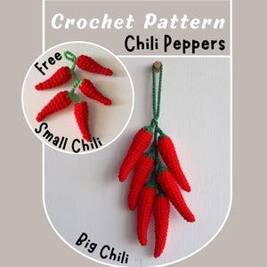 NO SEW Chili Peppers Crochet Pattern Bunch of Big Chilies or Small Chilis Spicy Red Peppers Kitchen Wall Decor Gift Easy Beginner Friendly