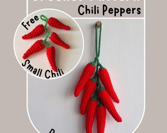 Patrón de ganchillo de chiles sin coser. Ramo de chiles grandes o pequeños. Pimientos rojos picantes. Decoración de pared para la cocina. Regalo fácil para principiantes.