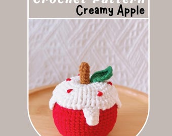 Patrón de crochet de manzana cremosa, fruta con cobertura de chocolate blanco, amigurumi en PDF, postre dulce, decoración de cocina con cerezas rojas y naranjas