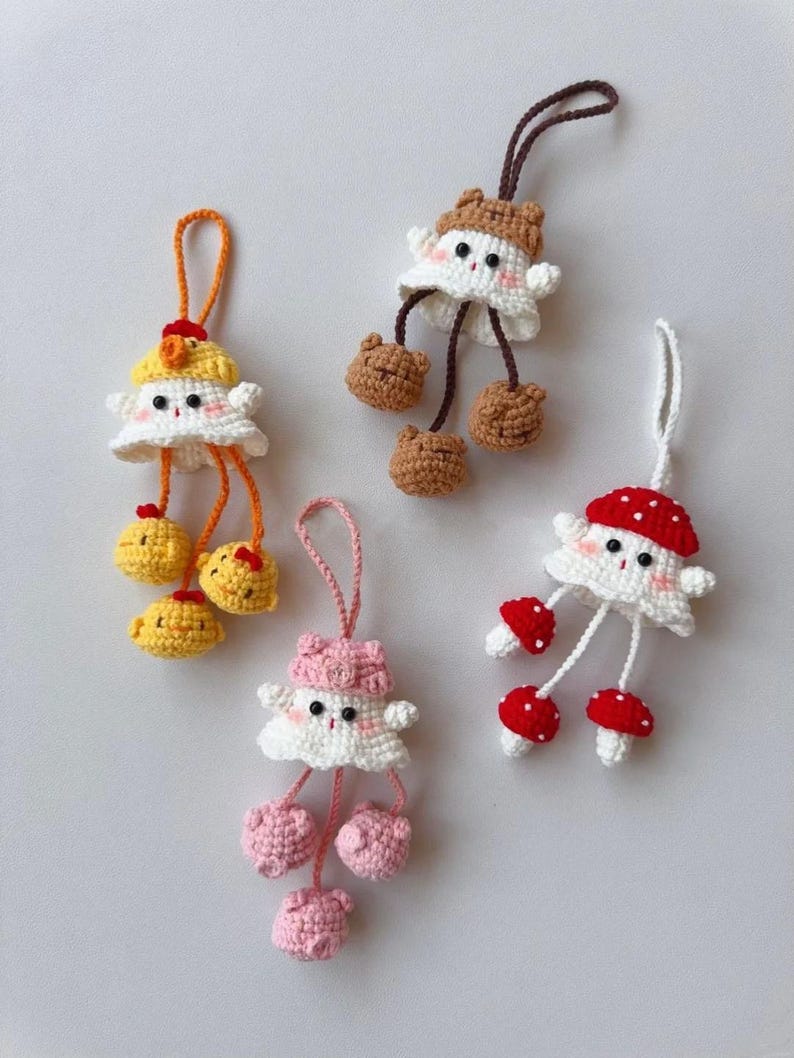 7IN1 Mini Halloween Ghost Crochet Pattern Bundle Cute Kawaii White Spooky Little Chick Pig Bear Mushroom Capybara Fish Witch Doll Wind Chime image 3