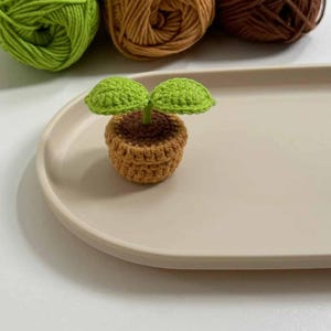 May include: A crocheted miniature plant with two green leaves in a brown pot, set on a beige oval tray. Three balls of yarn in green, tan, and brown are in the background. The handmade plant is a charming decorative item.