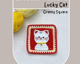 Lucky Cat Granny Square Crochet Pattern Red Prosperity Happy Fortune Animal Granny Cute Little Kitten Applique Blanket Hat Beginner Friendly