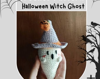 Halloween Witch Ghost and Mini Pumpkin Crochet Pattern Witch Hat Spooky Doll Amigurumi Soft Play Toy Low Sew Beginner Friendly
