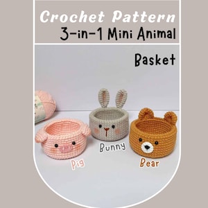 3in1 ミニ動物バスケット かぎ針編みパターン ウサギ クマ 豚 ミニキャンディ収納ボックス リビングルーム デスクトップ装飾 簡単 素早い手作りギフト