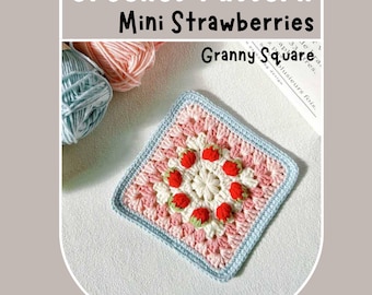 Mini fraises carré grand-mère au crochet, motif sans couture, fraise rouge cerise, grand-mère, modèle, couverture, chapeau, photo, tutoriel