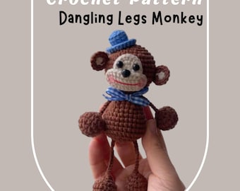 Dangling Legs Monkey Crochet Pattern Easy Very Low Sew Stuffed Animal with Top Hat Plushie Baby Cute Kawaii Smiling Mammals Doll Kids Toy