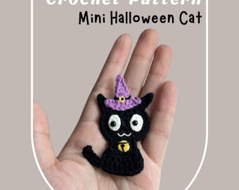 Patrón de ganchillo para gato de Halloween, sombrero de bruja para bebé, pinza para el pelo de gato, amigurumi, lindo gatito, aplique de abuela, broche para fiesta de Halloween, apto para principiantes