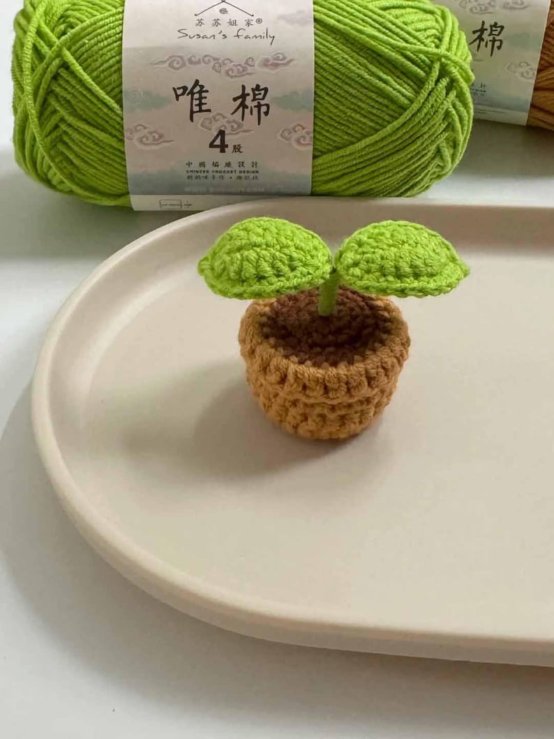 May include: A handmade crochet plant with two green leaves in a brown pot. The plant sits on a white oval tray, with a ball of green yarn in the background. The yarn label reads "Susan's Family".