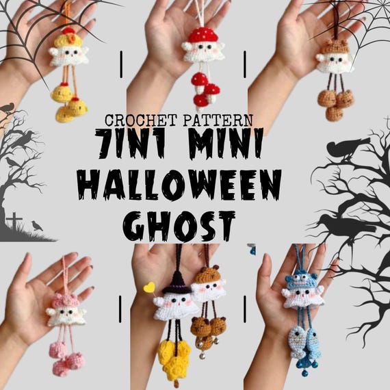 7IN1 Mini Halloween Ghost Crochet Pattern Bundle Cute Kawaii White Spooky Little Chick Pig Bear Mushroom Capybara Fish Witch Doll Wind Chime