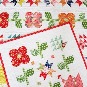 May include: A colorful patchwork quilt with floral and star patterns. The quilt features red, green, blue, and orange fabrics on a white background. The quilt has a red border and is likely handmade.