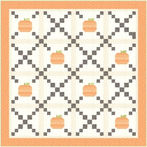 May include: A patchwork quilt featuring a repeating pattern of orange pumpkins with green stems set against a cream background. The pumpkins are framed by a black and gray square pattern. The quilt has an orange border with a dotted pattern.
