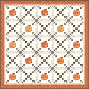 Könnte beinhalten: Eine gesteppte Decke mit einem sich wiederholenden Muster aus orangefarbenen Kürbissen auf cremefarbenem Hintergrund. Die Kürbisse sind von einem Gitter aus grauen und schwarzen Quadraten mit floralen Akzenten umgeben. Der Rand ist orange.