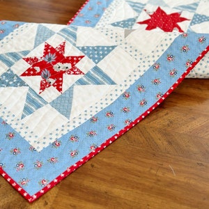 Może przedstawiać: Biegacz stołowy w kolorze niebieskim i białym z czerwonym wzorem gwiazdy i czerwoną obwódką. Biegacz jest wykonany z tkaniny i ma pikowaną fakturę.