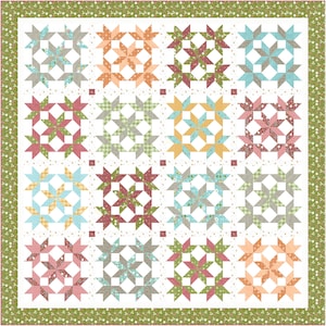 Pode incluir: Um padrão de bloco de colcha com 16 designs de estrelas diferentes. Cada bloco apresenta uma combinação de cores diferente de rosa, vermelho, azul, verde, amarelo e branco. Os blocos são dispostos em um padrão de grade.