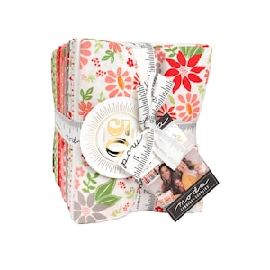 May include: A bundle of fabric squares tied with a white ribbon printed with measurements. The fabric features floral patterns in red, pink, green, and gray on a white background. A round tag with the number 50 is attached.