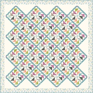 Könnte beinhalten: Eine Steppdecke mit weißem Hintergrund und einem Muster aus blauen, grünen, rosa und orangen Dreiecken. Die Steppdecke ist von einem weißen und blauen Paisley-Rand umgeben.