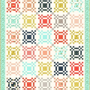 May include: A quilt pattern with a variety of colorful squares. The squares are arranged in a grid pattern and feature different floral and geometric designs. The quilt is bordered with a light blue and green floral pattern.