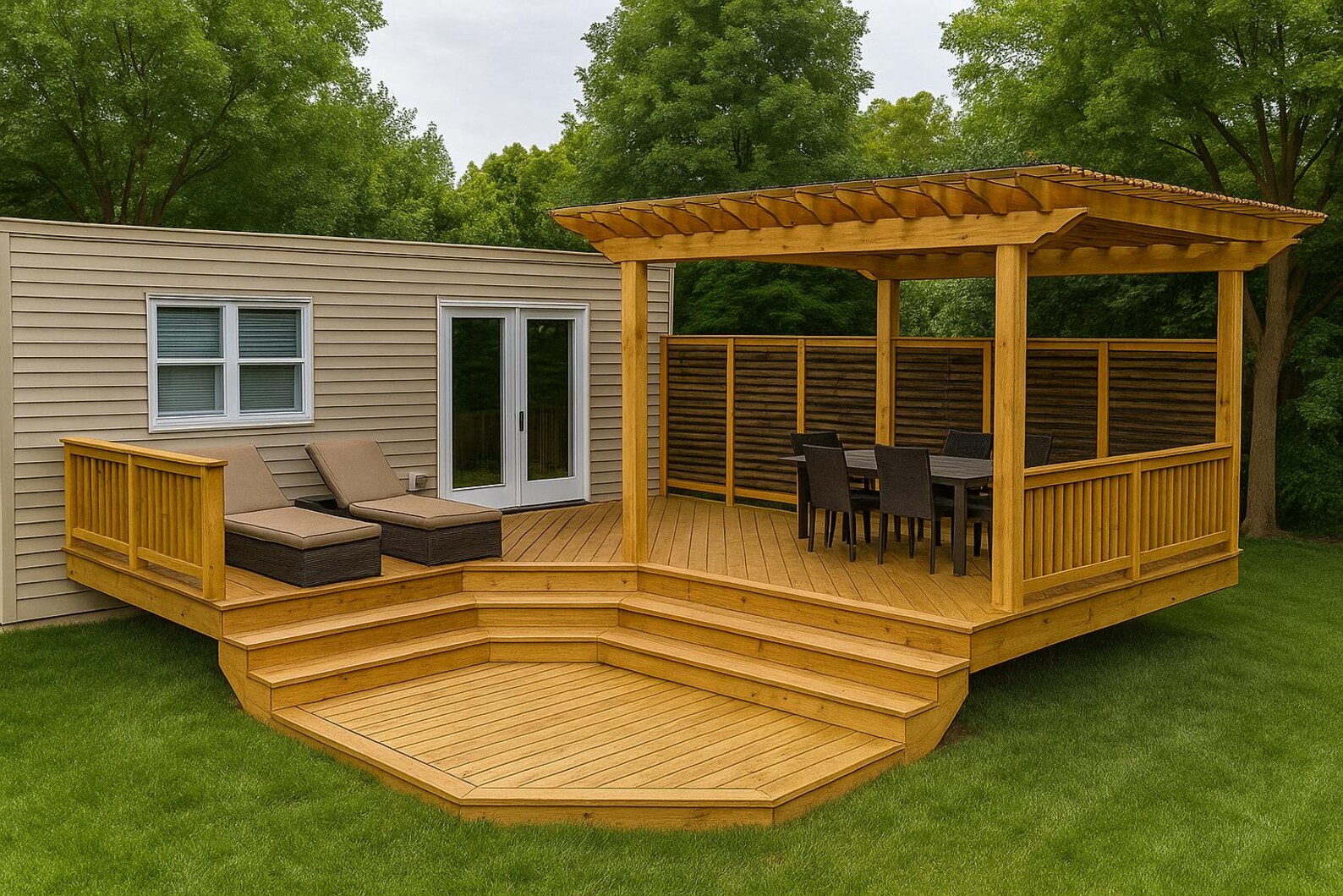 DIY L-shaped Deck Plans With 12x12 Pergola, Privacy Wall & Staircase ...