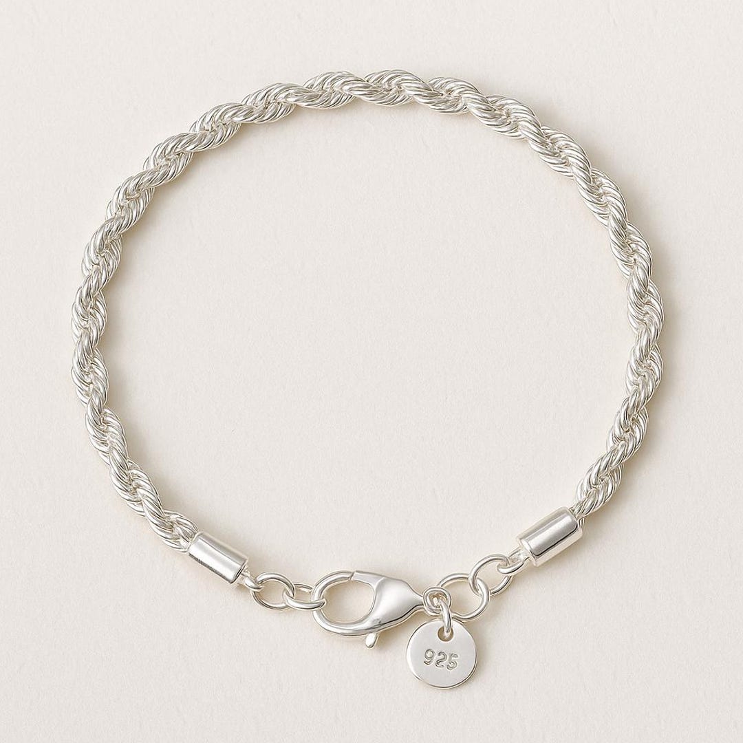 925 Sterling Silver Twisted Rope Bracelet - 3mm Thickness