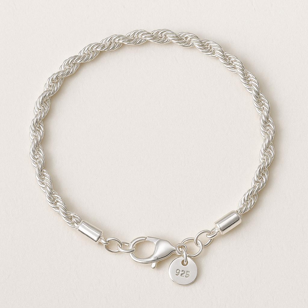 925 Sterling Silver Twisted Rope Bracelet - 3mm Thickness