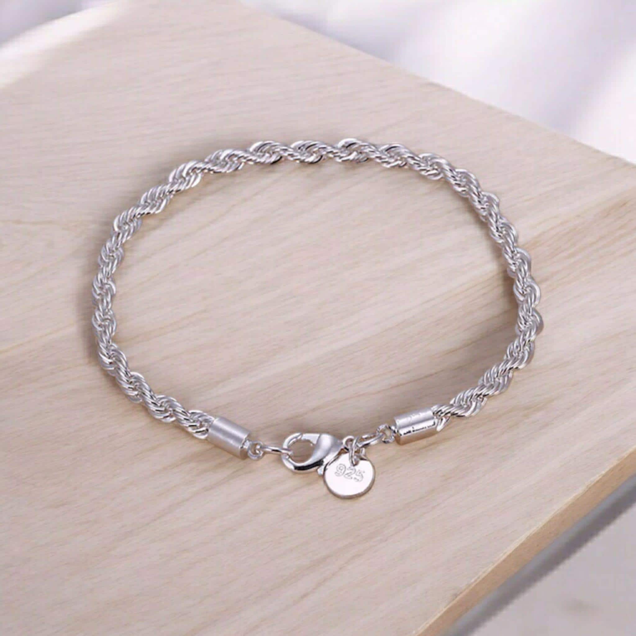 925 Sterling Silver Twisted Rope Bracelet - 3mm Thickness