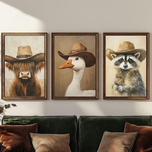 Juego de 3 piezas de arte de pared con animales con sombrero de vaquero, decoración de pared para guardería imprimible, mapache, ganso, vaca, linda decoración para habitación de niños, descarga digital