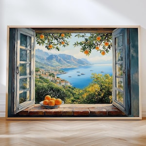 Peut inclure: Une peinture représentant une fenêtre avec vue sur une ville côtière et la mer. La fenêtre est ouverte et il y a des oranges dans un bol sur le rebord de la fenêtre.