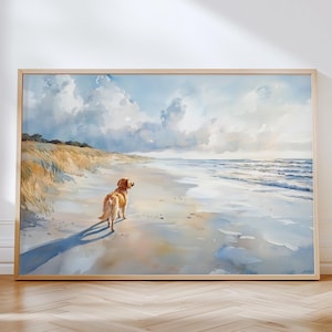 Hund Strand druckbare Wandkunst Küsten Aquarell Malerei Strand Haus Wohnkultur Golden Retriever Geschenkidee Poster Digital Download