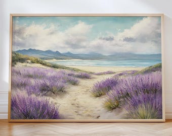 Arte de parede para impressão de lavanda costeira, decoração de parede de praia, pintura a óleo vintage de flores roxas, pôster floral neutro suave, impressão digital para download
