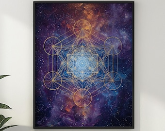 Arte mural imprimible del Cubo de Metatrón, Geometría Sagrada, Decoración de pared galáctica, Obra de arte psicodélica, Descarga digital