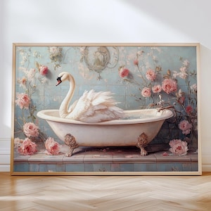 Zwaan badkamer muur kunst afdrukbare zwaan in bad vintage schilderij bloemen muur decor dierlijke zwaan minnaar cadeau digitale download