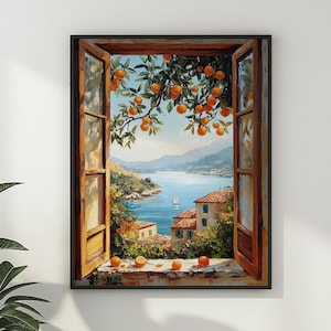 May include: A framed painting depicts a scenic view through an open window. The artwork showcases a coastal landscape with a blue sea, distant mountains, and buildings. Orange trees frame the window, with ripe oranges visible. The painting is displayed on a white wall.
