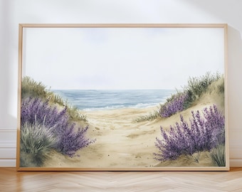 Arte de parede para impressão de lavanda costeira, decoração de parede de praia, pintura a óleo vintage de flores roxas, pôster floral neutro suave, impressão digital para download