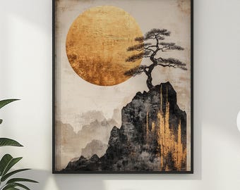 Japanese Poster Print Rising Sun Bonsai Tree Wall Art Zen Buddhism Japandi Wall Decor Artful Trendy Gift Idea Matte Poster