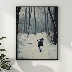 Black Labrador Winter Printable Wall Art Vintage Oil Painting Snowy Forest Home Decor Black Lab Dog Mom Gift Poster Digital Download