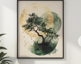 Bonsai Tree Poster Print Modern Geometric Abstract Japanese Wall Art Zen Buddhism Japandi Wall Decor Artful Trendy Gift Idea Matte Poster
