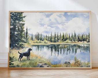 Paisagem de montanha, cachorro, labrador preto, arte de parede, pintura a óleo vintage, natureza, decoração de parede, labrador preto, presente, pôster, download digital