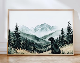 黒のラブラドールの山の壁アートを印刷可能 黒のラブラドールの風景の壁飾り セージグリーンの水彩画 アートフル・ラブラドール・ママ デジタルダウンロード