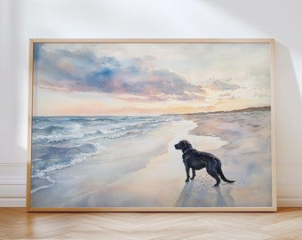 Peut inclure: Peinture à l'aquarelle d'un labrador noir debout sur une plage au coucher du soleil. Le chien regarde l'océan et le ciel est rempli de nuages roses et orange.