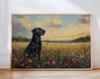 Black Labrador Wildflower Print Floral Dog Wall Art Vintage Oil Painting Farmhouse Decor Soft muted Flowers Black Lab Mom Gift Matte Poster