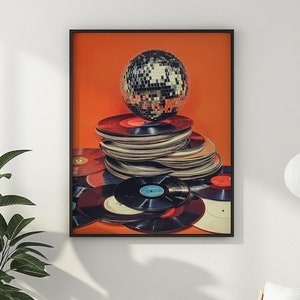 Discobal en vinylplaten Afdrukbare muurkunst vintage retro oranje muziekliefhebber muur decor DJ cadeau idee spiegelbol poster digitale download