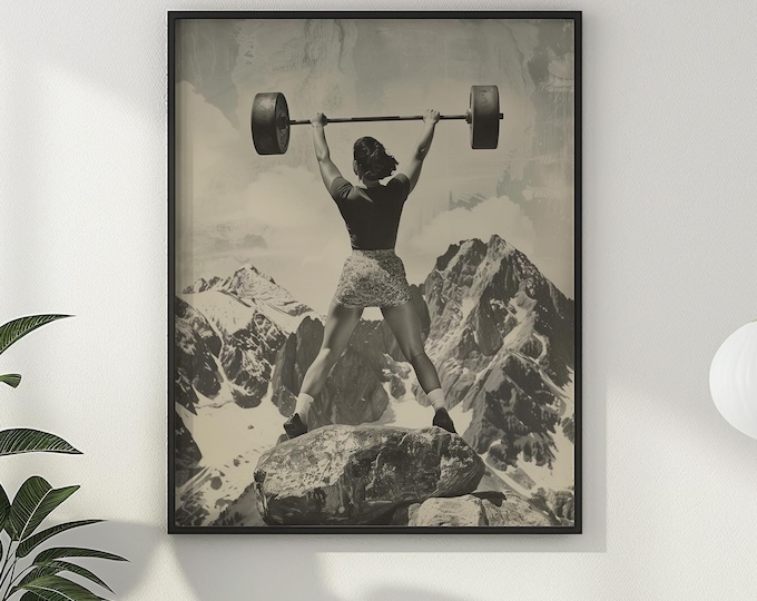 Vintage Gym Poster Print Strong Woman Weightlifting Mountain Black & White Photo Home Gym Wall Art Fitness Room Sports Wall Decor