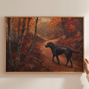 Labrador preto, floresta de outono, arte de parede para impressão, cão labrador preto, paisagem de outono, decoração de parede, pintura a óleo vintage, mãe labradora artística, download digital