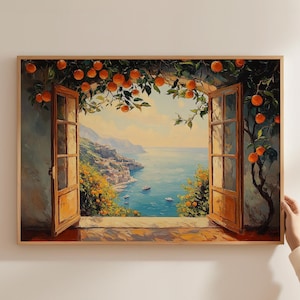Open Window Scene Print Mediterranean Sea Wall Art Coastal Artwork Kitchen Wall Decor Vintage Oil Painting Oranges Ocean View Matte Poster