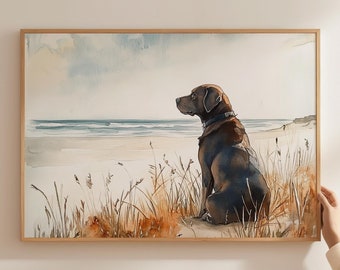 Chocolate Labrador Beach Wall Art Coastal Dog Poster Print Watercolor Painting Beach House Wall Decor Neutral Lab Mom Dad Gifts Matte Poster